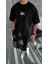 Unisex Bisiklet Yaka Baskılı Oversize T-Shirt - Siyah 1