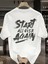 Baskılı Oversize Bisiklet Yaka T-Shirt - Beyaz 1