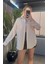 Krem Tek Cepli Çizgili Oversize Modal Gömlek 3