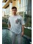 Unisex Bisiklet Yaka Baskılı Oversize T-Shirt - Boyalı Gri 1