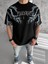 Unisex Bisiklet Yaka Baskılı Oversize T-Shirt - Siyah 1