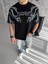 Unisex Bisiklet Yaka Baskılı Oversize T-Shirt - Siyah 2