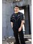 Unisex Bisiklet Yaka Baskılı Oversize T-Shirt - Siyah 1
