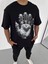 Unisex Bisiklet Yaka Baskılı Oversize T-Shirt - Siyah 1