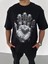 Unisex Bisiklet Yaka Baskılı Oversize T-Shirt - Siyah 2