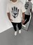 Unisex Bisiklet Yaka Baskılı Oversize T-Shirt - Beyaz 1