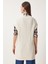 V Yaka Motifli Uzun Triko Süveter LNV0007 KREM 8