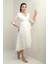Kruvaze Yaka Astarlı Anvelop Dantel Elbise Beyaz 2