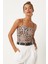 Leopar Desenli Ip Askılı Crop Örme Bluz 1