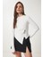 Düğmeli Büzgülü Asimetrik Kesim Örme Bluz LFW0001 KEMİK 1