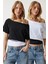 Kayık Yaka Basic Crop 2'li Paket Örme T-Shirt 1