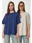 Basic Oversize 2'li Takım Örme T-Shirt Lacivert Taş LHW0007 1