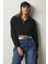Fermuarlı Şardonlu Crop Örme Sweatshirt LHF0011 SİYAH 1