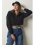 Fermuarlı Şardonlu Crop Örme Sweatshirt LHF0011 SİYAH 2