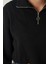 Fermuarlı Şardonlu Crop Örme Sweatshirt LHF0011 SİYAH 3