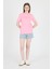 Şeker Pembe Kabartma Yazılı Relaxed Fit Tişört 25209 1