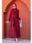 Cely Geniş Kemerli Sandy Tafta Kumaşlı Elbise-Bordo 4