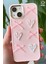 Apple iPhone 13/14 Kılıf Kamera Çıkıntılı Kalpli Fiyonk Desenli Pembe Yumuşak Silikon Kapak 3