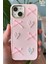 Apple iPhone 13/14 Kılıf Kamera Çıkıntılı Kalpli Fiyonk Desenli Pembe Yumuşak Silikon Kapak 4