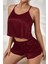 Kadın Bordo Asimetrik Sırt Dekolte Detaylı Şık Şortlu Gecelik Takım 3