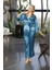 Kadın Turkuaz Saten Kuşaklı Pijama Takımı Kimono Kol Detaylı Şık ve Rahat 2’li Set 5