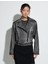 Crop Biker Ceket Suni Deri Kruvaze Fermuarlı 3
