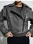 Crop Biker Ceket Suni Deri Kruvaze Fermuarlı 5