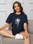 Kadın Lacivert Sanatsal Yıldız Ön Baskılı Oversize T-Shirt 1