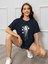 Kadın Lacivert Sanatsal Yıldız Ön Baskılı Oversize T-Shirt 3