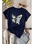 Kadın Pamuklu Ön Baskılı Papatya Kelebek Tasarım Tshirt 1
