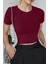 Kadın Bordo Bisiklet Yaka Likralı Kısa Kol Body Crop Bluz 1