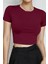 Kadın Bordo Bisiklet Yaka Likralı Kısa Kol Body Crop Bluz 2
