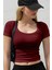 Kadın Bordo U Yaka Kısa Kollu Fitilli Kaşkorse Body T-Shirt 1