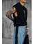 Erkek Oversize Dokulu Yuvarlak Yaka Kolsuz T-Shirt Siyah 4