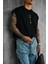 Erkek Oversize Dokulu Yuvarlak Yaka Kolsuz T-Shirt Siyah 5