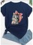 Oversize T-Shirt Kedi Baskılı Lacivert Renk 1
