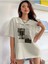 Oversize T-Shirt Gazete Baskılı Bej Renk 1