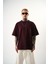 Erkek Respire Yazı Detaylı Oversize T-Shirt Bordo 1
