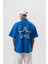 Erkek 22 Baskılı Yarım Fermuarlı Oversize T-Shirt Mavi 1
