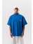 Erkek 22 Baskılı Yarım Fermuarlı Oversize T-Shirt Mavi 2