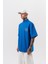 Erkek 22 Baskılı Yarım Fermuarlı Oversize T-Shirt Mavi 3