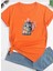Oversize T-Shirt Kedi Baskılı Turuncu Renk 1