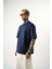 Erkek Respire Yazı Detaylı Oversize T-Shirt Indigo 2