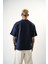 Erkek Respire Yazı Detaylı Oversize T-Shirt Indigo 3
