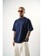 Erkek Respire Yazı Detaylı Oversize T-Shirt Indigo 5