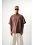 Erkek Respire Yazı Detaylı Oversize T-Shirt Kakao 1