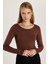Kadın Slim Fit Dar Kesim Uzun Kollu Viskon Kahverengi Bluz 1