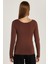 Kadın Slim Fit Dar Kesim Uzun Kollu Viskon Kahverengi Bluz 5