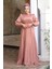 Drape Detaylı Pudra Tesettür Abiye Elbise 51072PD 2