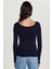 Kadın Slim Fit Dar Kesim Uzun Kollu Viskon Lacivert Bluz 5